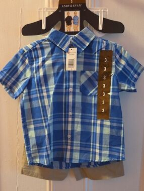 Blue Plaid Short-Sleeve Button-Down Shirt With Beige Cargo Shorts
